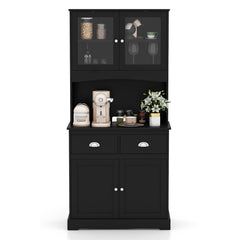 Tall Storage Cabinet with Microwave Stand Tempered Glass Doors and Adjustable Shelves-Black