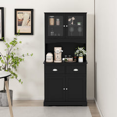 Tall Storage Cabinet with Microwave Stand Tempered Glass Doors and Adjustable Shelves-Black
