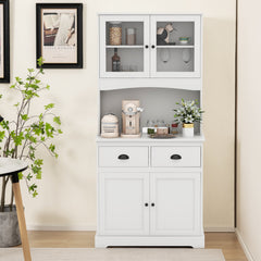 Tall Storage Cabinet with Microwave Stand Tempered Glass Doors and Adjustable Shelves-White