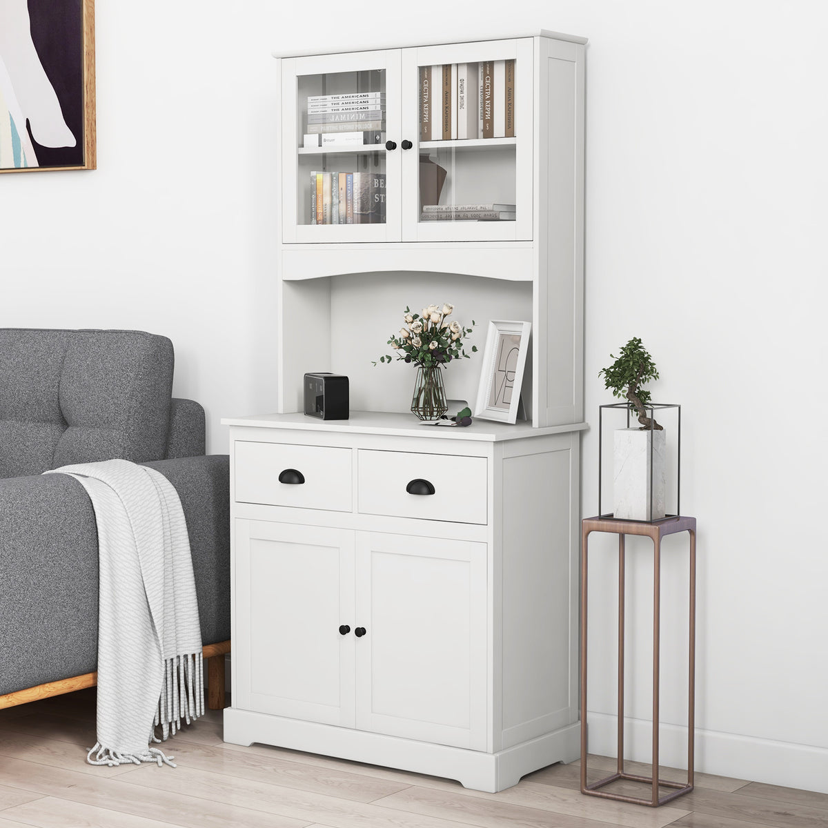 Tall Storage Cabinet with Microwave Stand Tempered Glass Doors and Adjustable Shelves-White