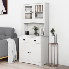 Tall Storage Cabinet with Microwave Stand Tempered Glass Doors and Adjustable Shelves-White