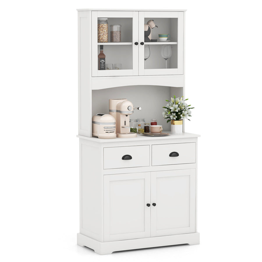 Tall Storage Cabinet with Microwave Stand Tempered Glass Doors and Adjustable Shelves-White