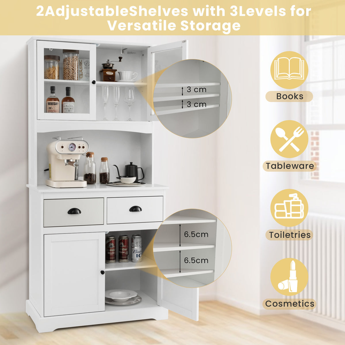 Tall Storage Cabinet with Microwave Stand Tempered Glass Doors and Adjustable Shelves-White