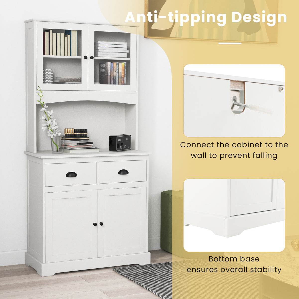 Tall Storage Cabinet with Microwave Stand Tempered Glass Doors and Adjustable Shelves-White