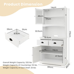 Tall Storage Cabinet with Microwave Stand Tempered Glass Doors and Adjustable Shelves-White