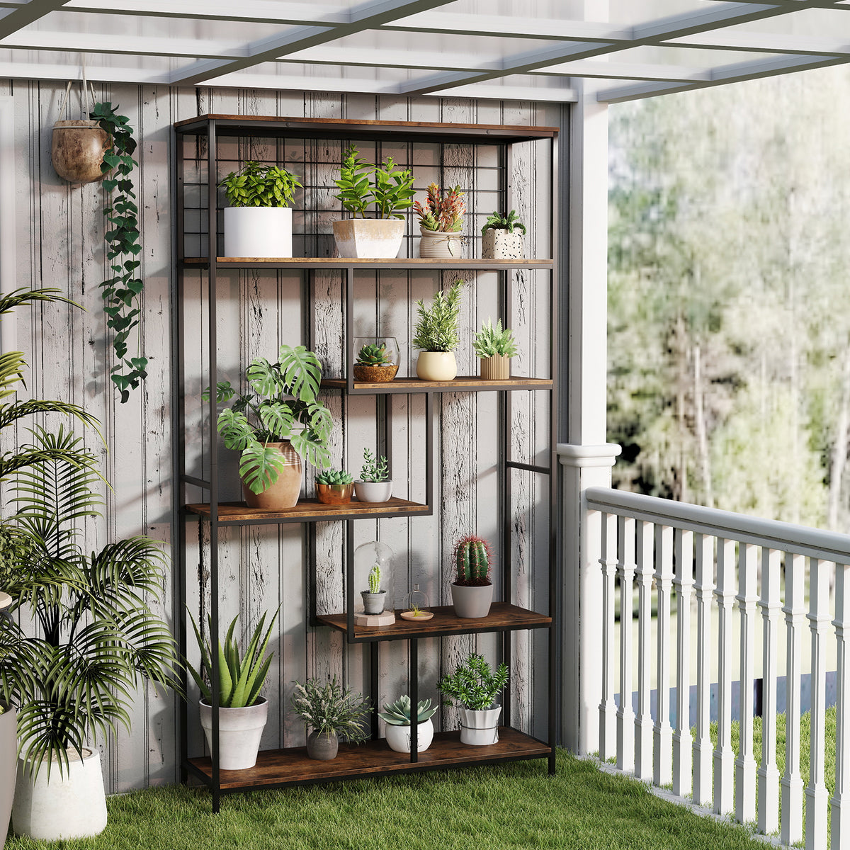 6-tier Tall Bookshelf with Metal Net for Living Room-Rustic Brown