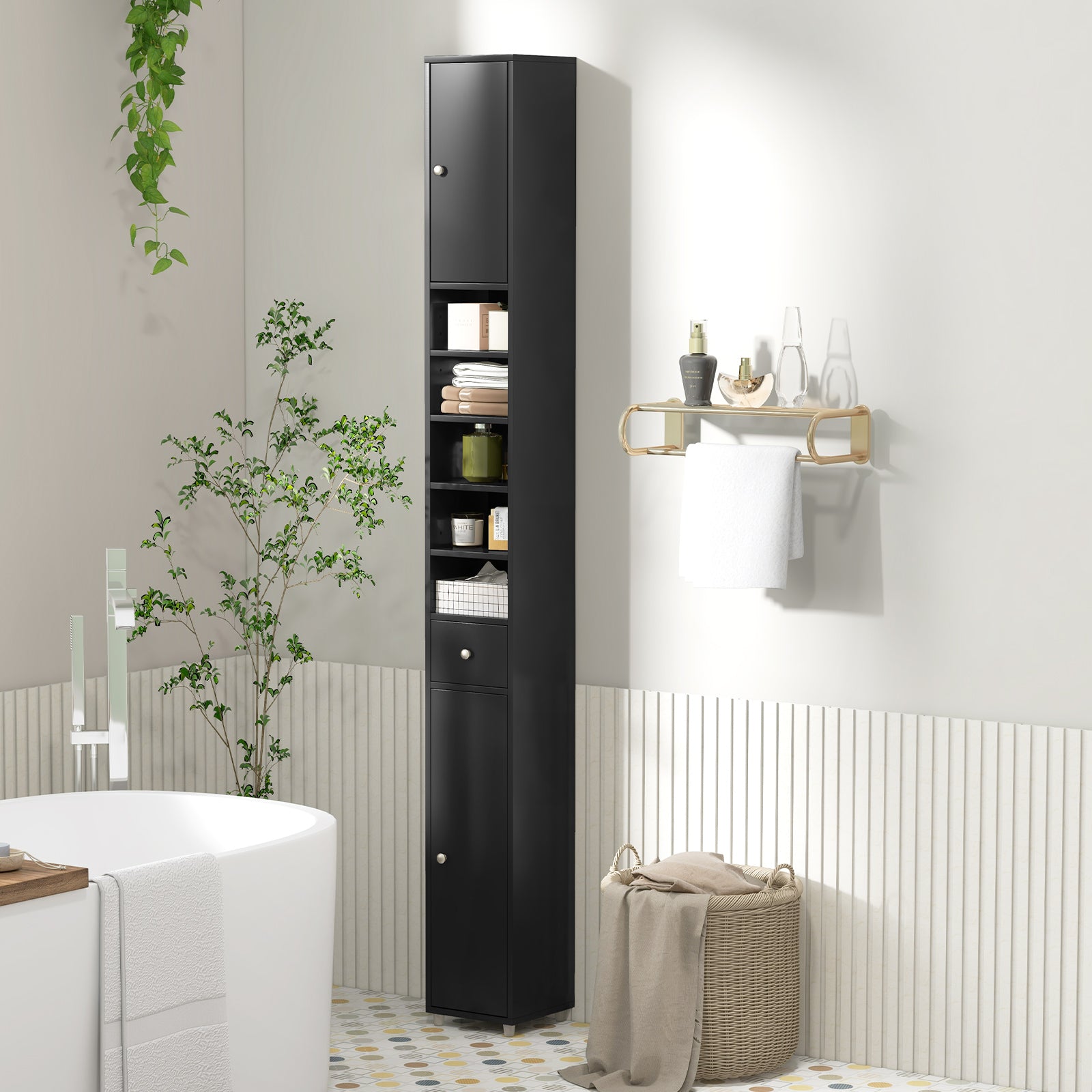 180CM Tall Freestanding Bathroom Cabinet with 2 Doors and 1 Drawer-Black