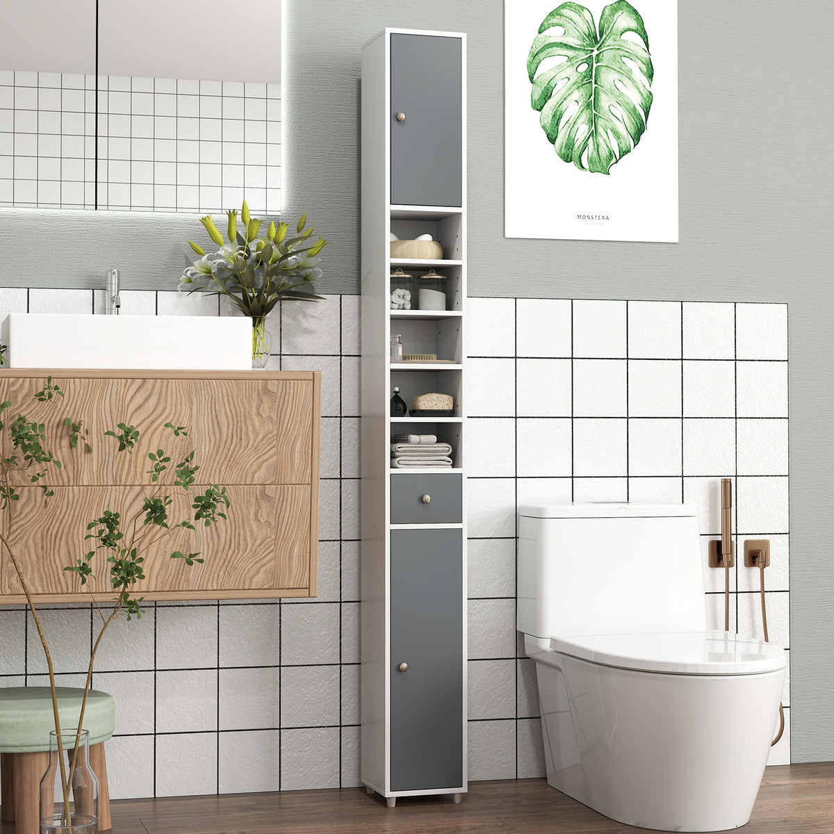 180CM Tall Freestanding Bathroom Cabinet with 2 Doors and 1 Drawer-Gray & White