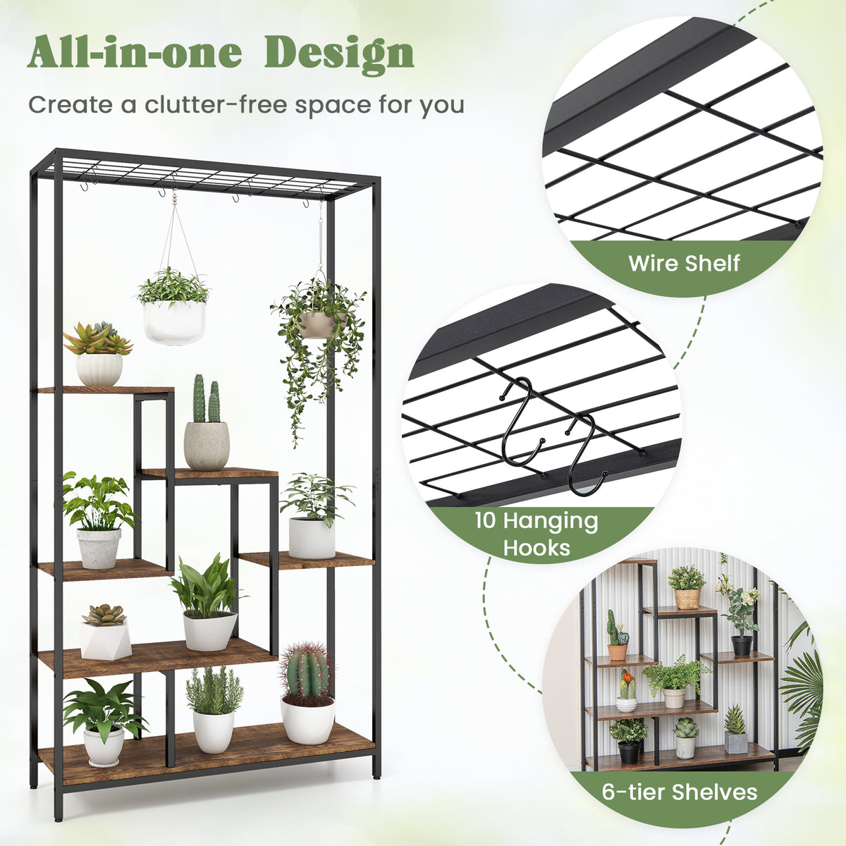 6-tier Tall Plant Stand with 10 Hanging Hooks and Wire Shelf for Multiple Plants-Rustic Brown