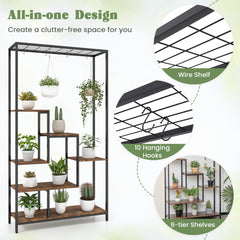 6-tier Tall Plant Stand with 10 Hanging Hooks and Wire Shelf for Multiple Plants-Rustic Brown