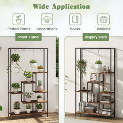 6-tier Tall Plant Stand with 10 Hanging Hooks and Wire Shelf for Multiple Plants-Rustic Brown