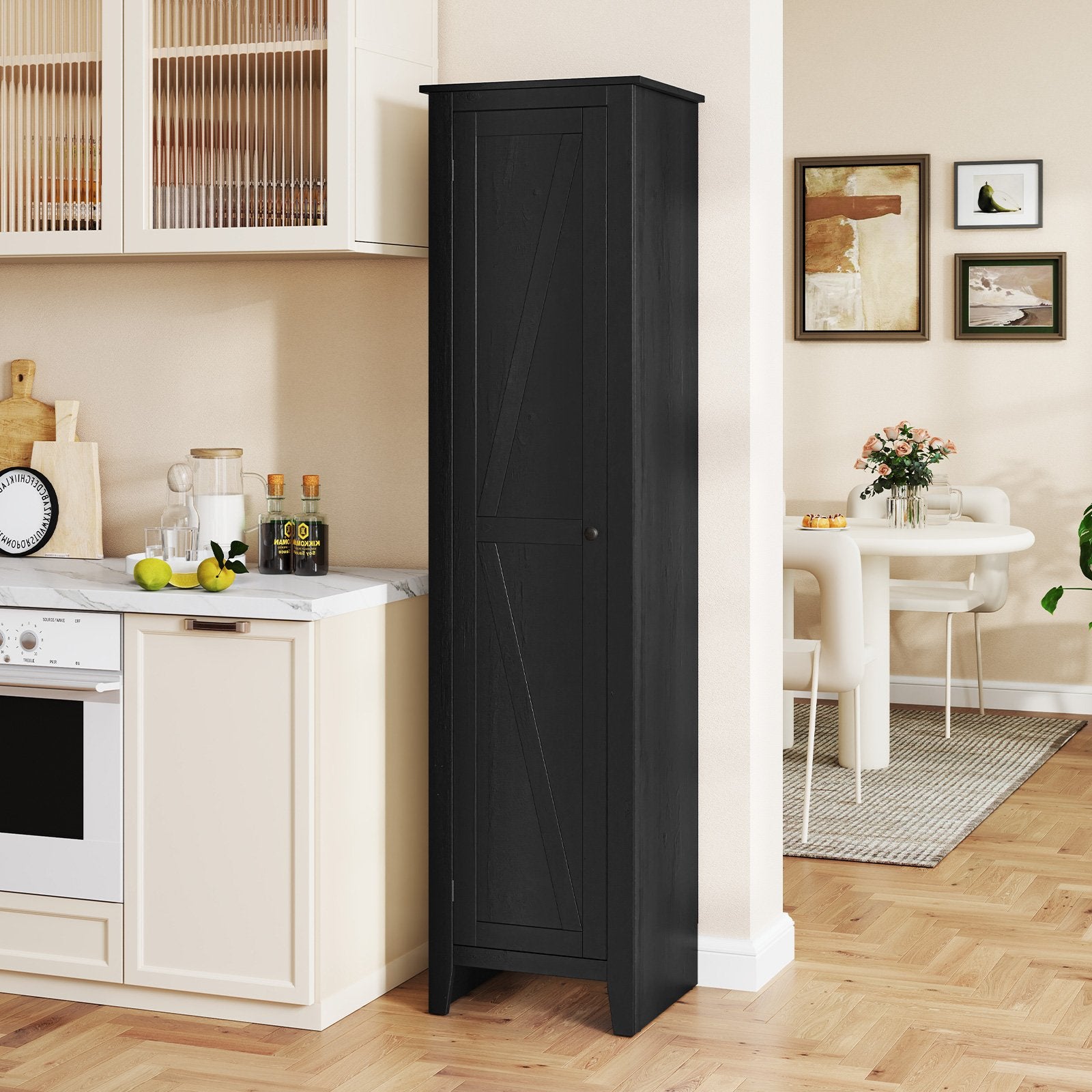 Tall Storage Cabinet with Four Shelves and Single Door-Black