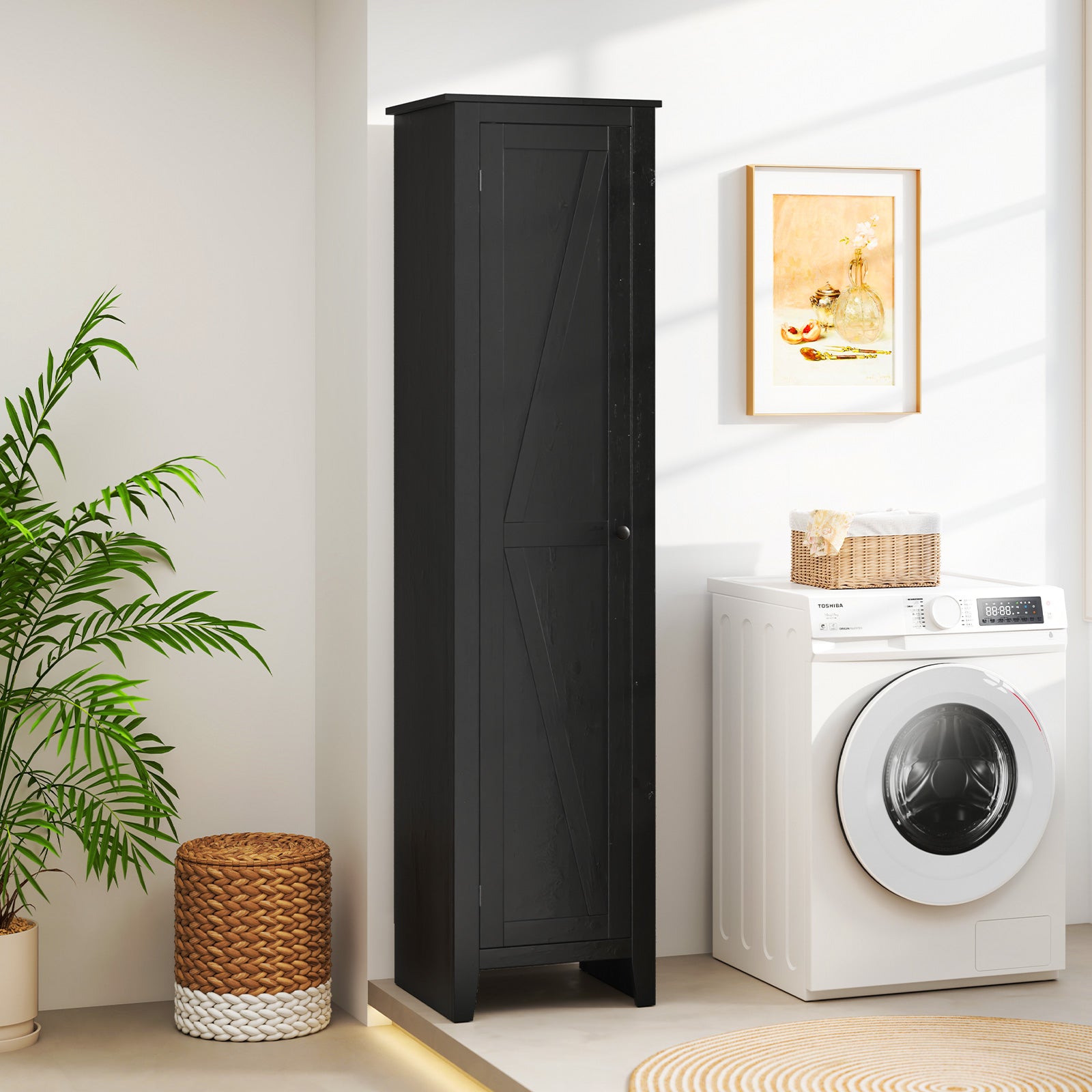Tall Storage Cabinet with Four Shelves and Single Door-Black