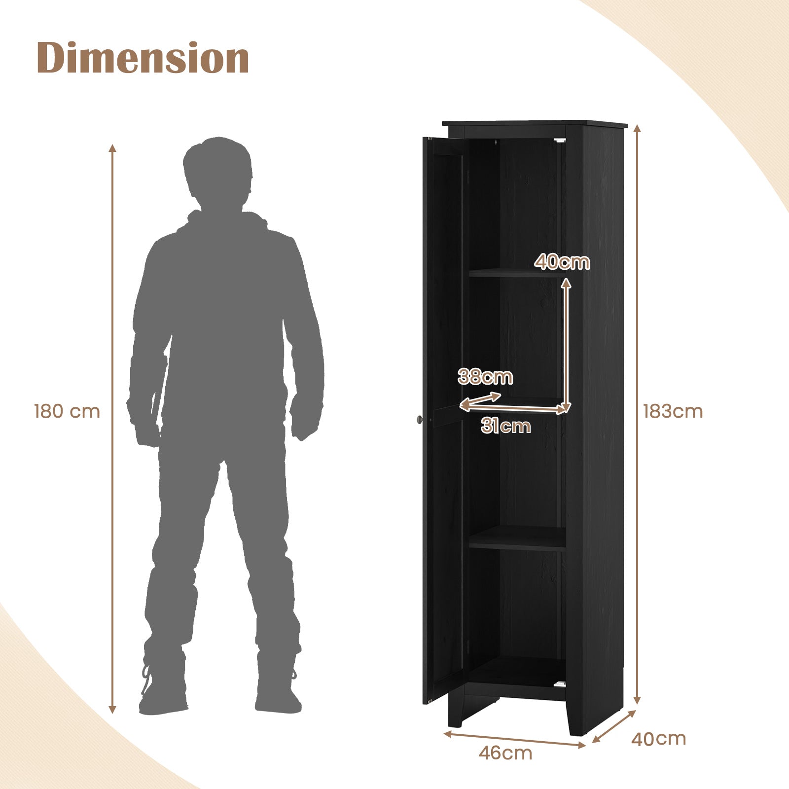 Tall Storage Cabinet with Four Shelves and Single Door-Black