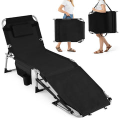 Tanning Chair with Face Arm Holes and 4-Level Backrest with Head Pillow-Black