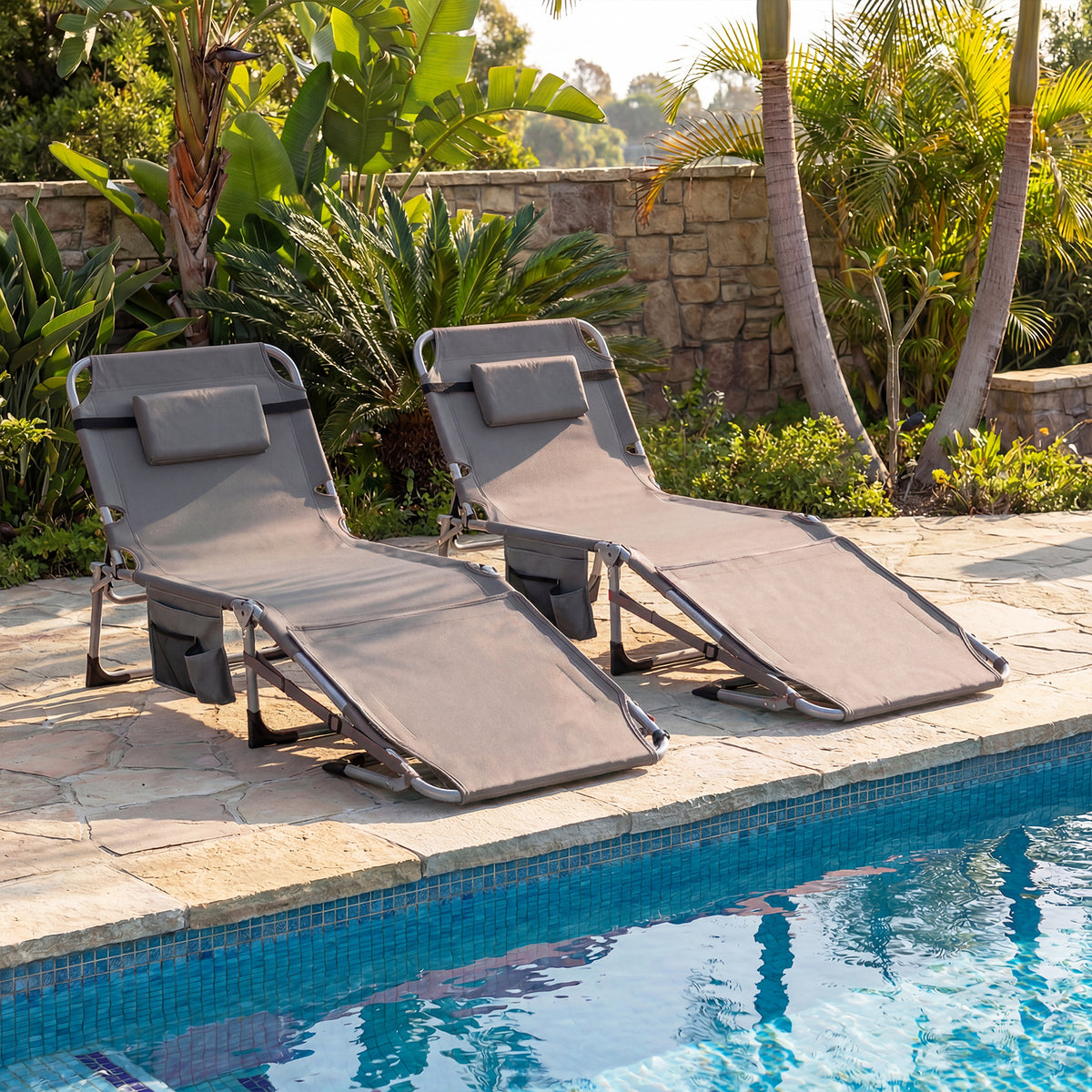 Tanning Chair with Face Arm Holes and 4-Level Backrest with Head Pillow-Grey