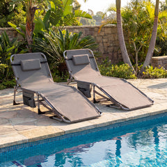 Tanning Chair with Face Arm Holes and 4-Level Backrest with Head Pillow-Grey