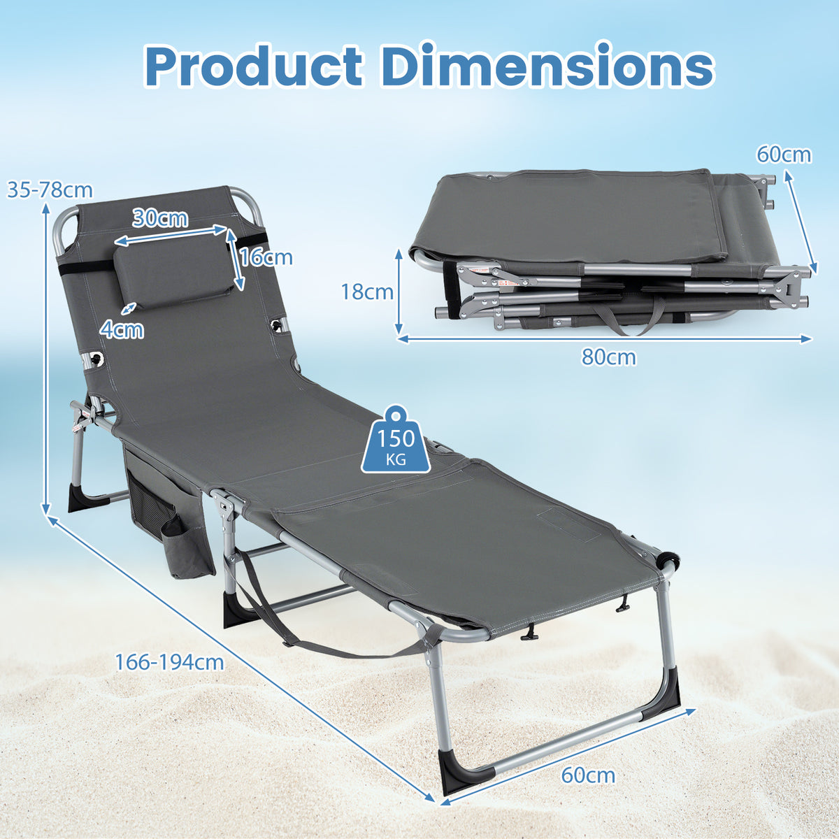 Tanning Chair with Face Arm Holes and 4-Level Backrest with Head Pillow-Grey