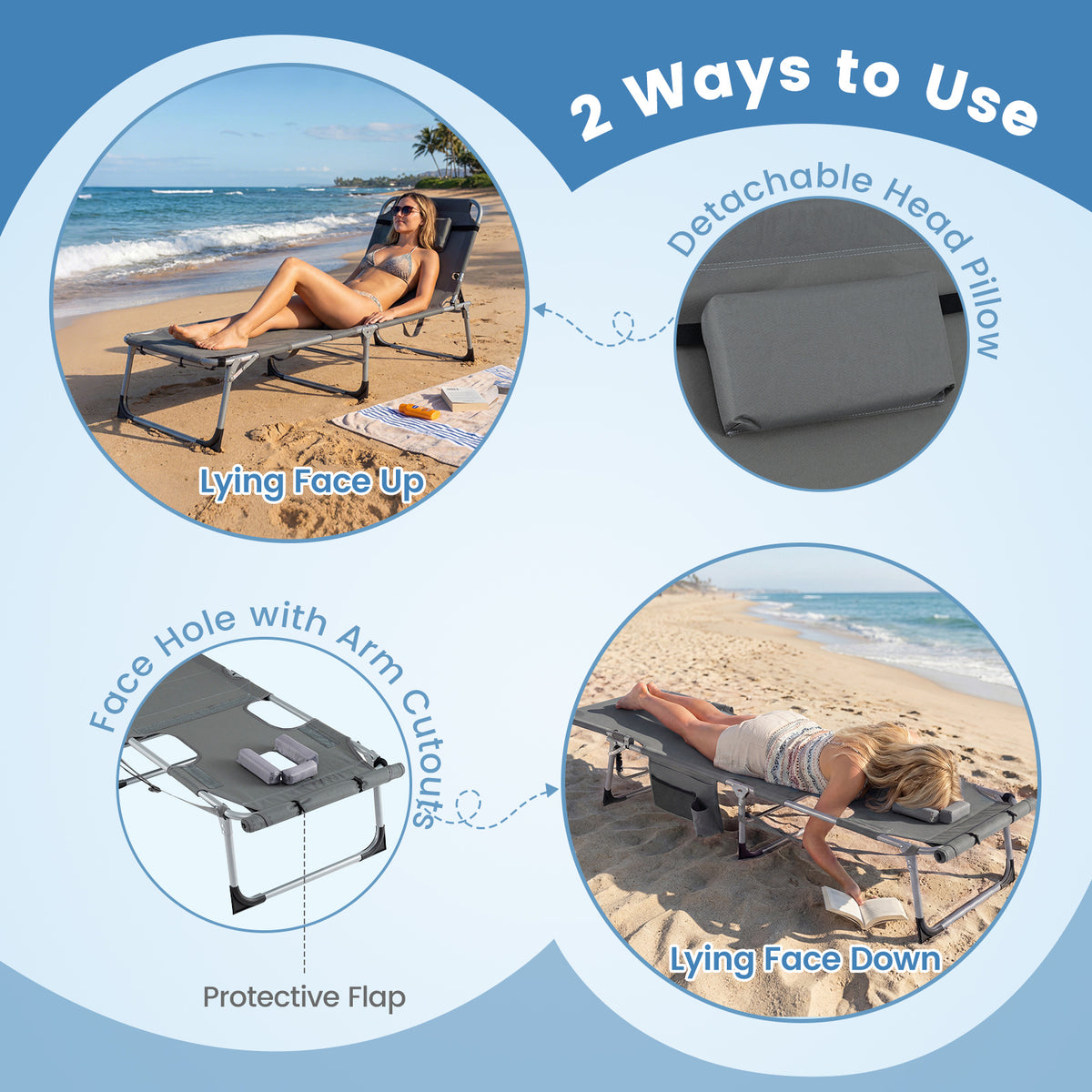 Tanning Chair with Face Arm Holes and 4-Level Backrest with Head Pillow-Grey