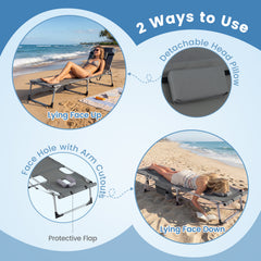 Tanning Chair with Face Arm Holes and 4-Level Backrest with Head Pillow-Grey