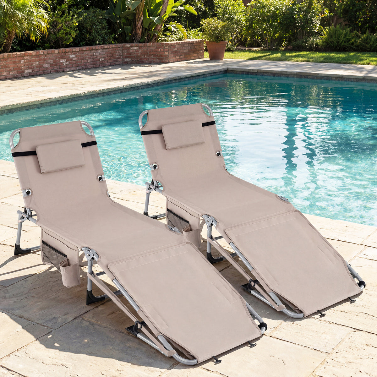 Tanning Chair with Face Arm Holes and 4-Level Backrest with Head Pillow-Sand