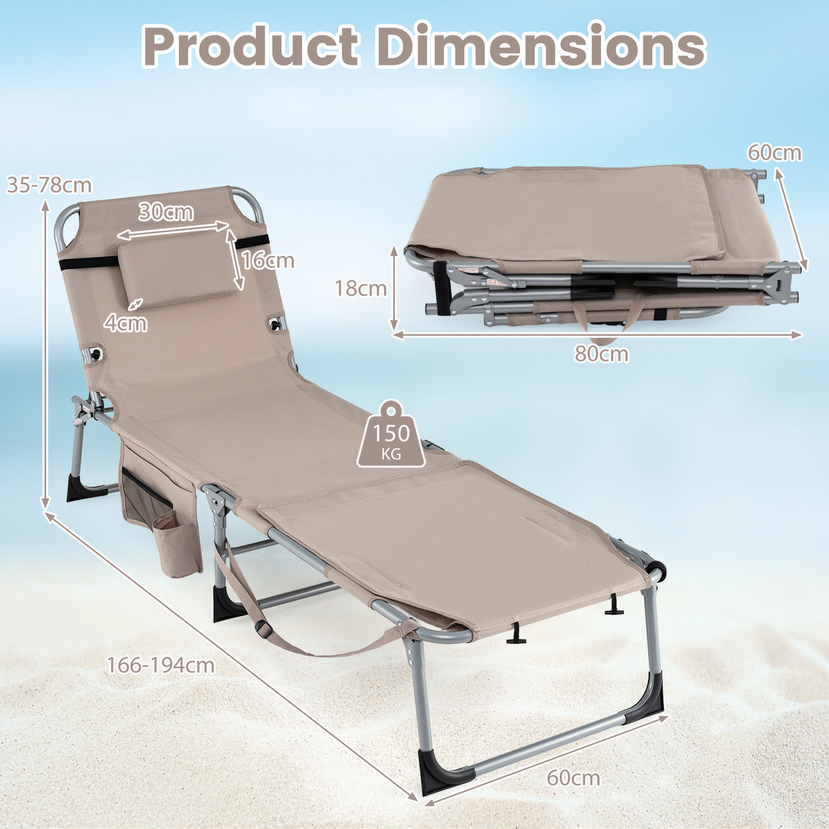 Tanning Chair with Face Arm Holes and 4-Level Backrest with Head Pillow-Sand