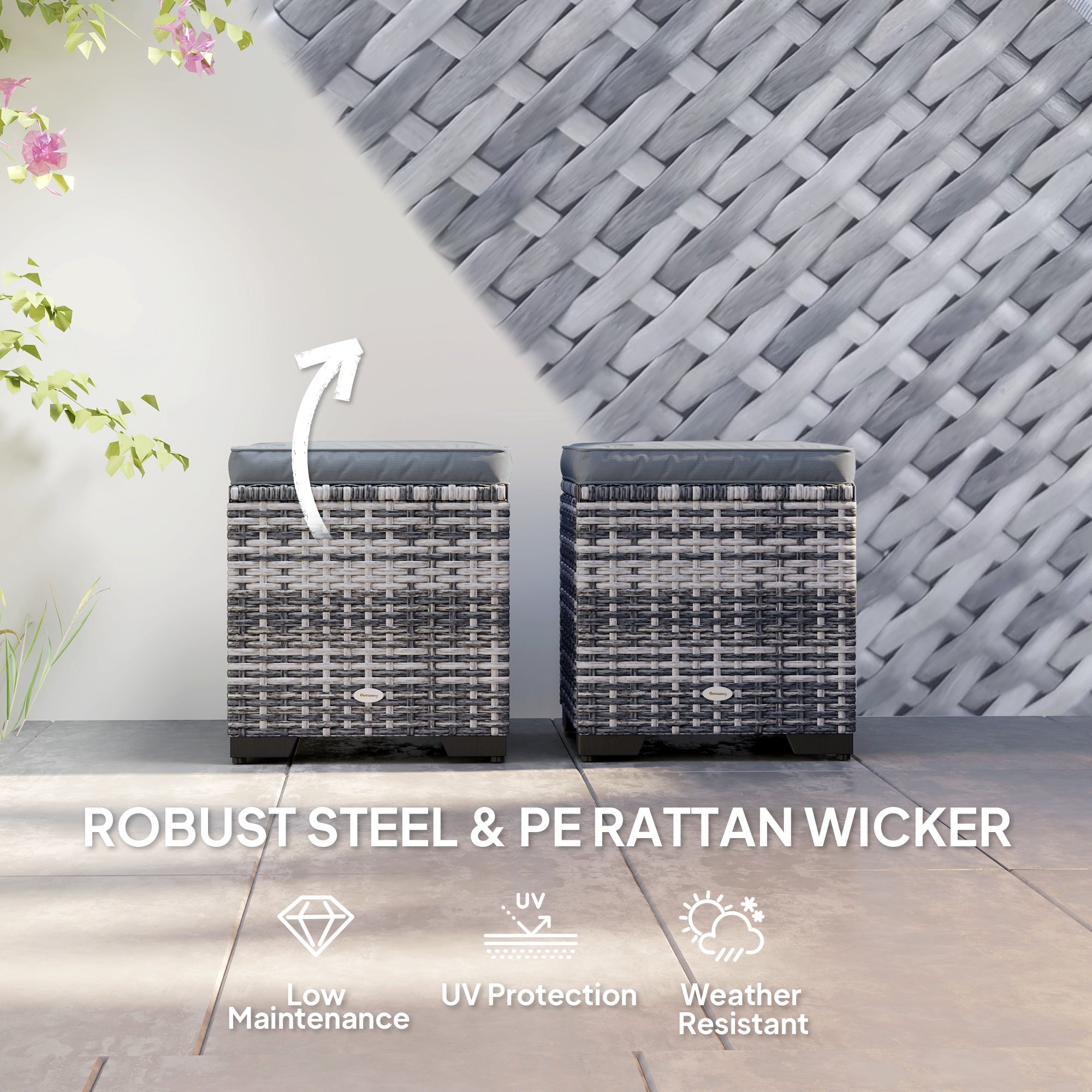 Outsunny Set of 2 Rattan Storage Ottoman, Outdoor Footstool with Removable Cushions, Garden Storage Seat for Balcony, Porch, Living Room, Dark Grey