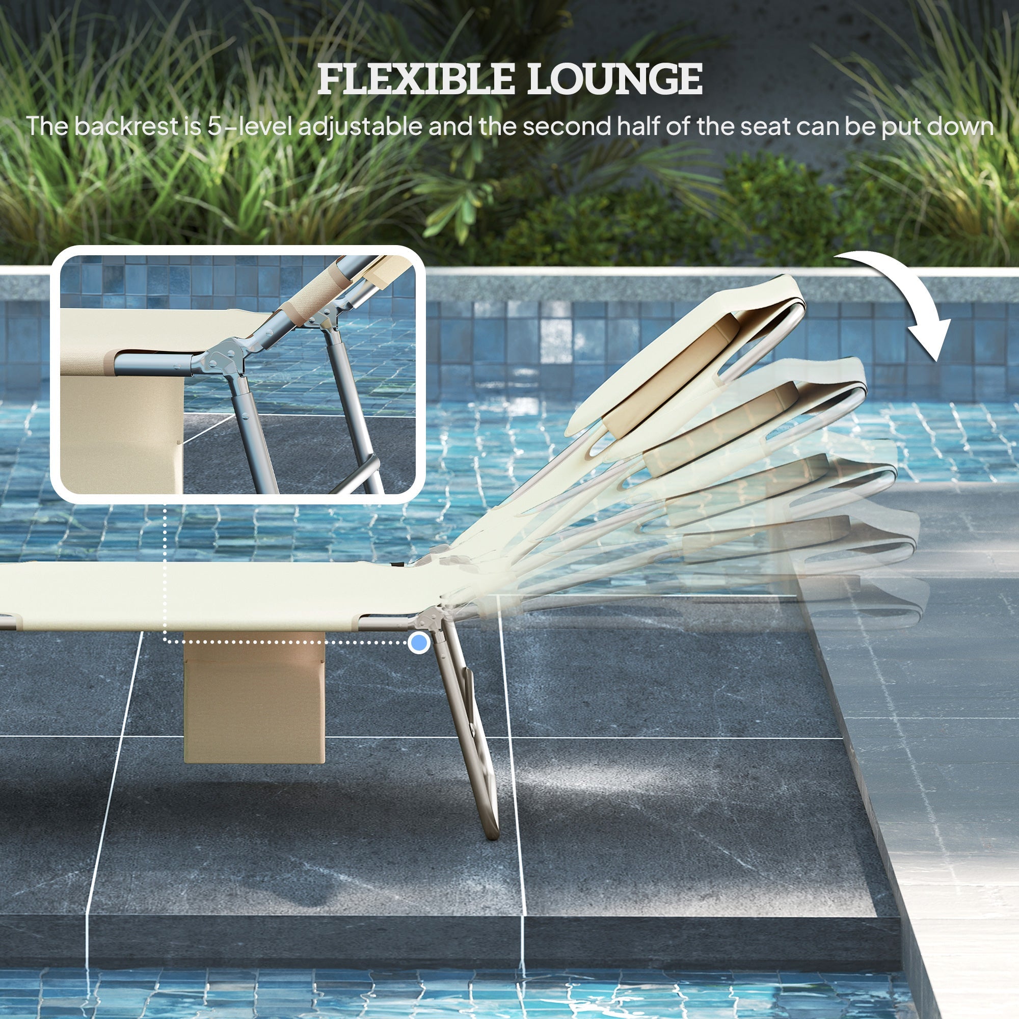 Outsunny 5-Position Adjustable Sun Loungers Set of 2 with Reading Hole and Side Pocket, Beige