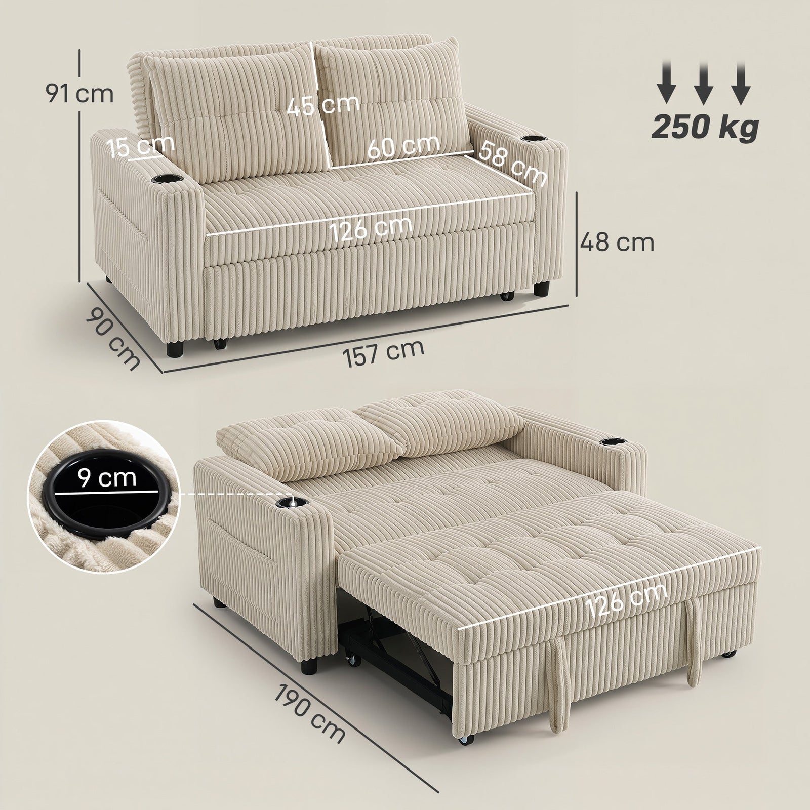 HOMCOM Corduroy Click Clack Sleeper Sofa with Pull Out Design, 2 Seater Sofa Bed, Cream White