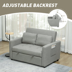 HOMCOM Loveseat Sofa Bed, Convertible Bed Settee with 2 Pillows, Side Pockets, Light Grey