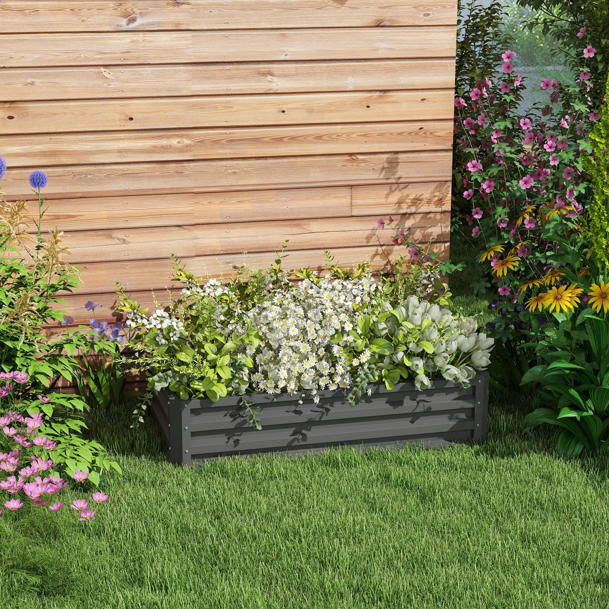 Outsunny Rectangle Raised Garden Bed Box with Weatherized Steel Frame for Vegetables, Flowers, & Herbs, 120 cm x 60 cm x 30.5 cm, Light Grey