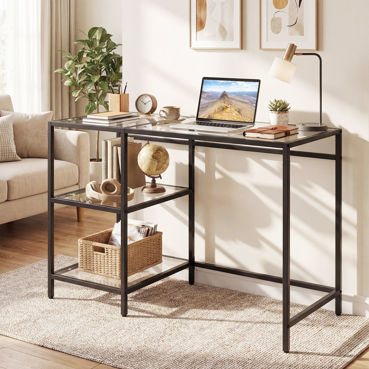 Tempered Glass Computer Desk Modern Office Desk with Open Storage Shelves-Black