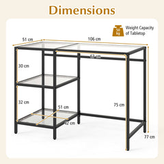 Tempered Glass Computer Desk Modern Office Desk with Open Storage Shelves-Black