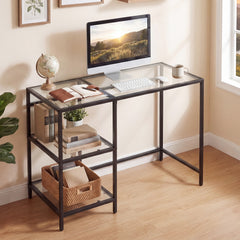 Tempered Glass Computer Desk Modern Office Desk with Open Storage Shelves-Black