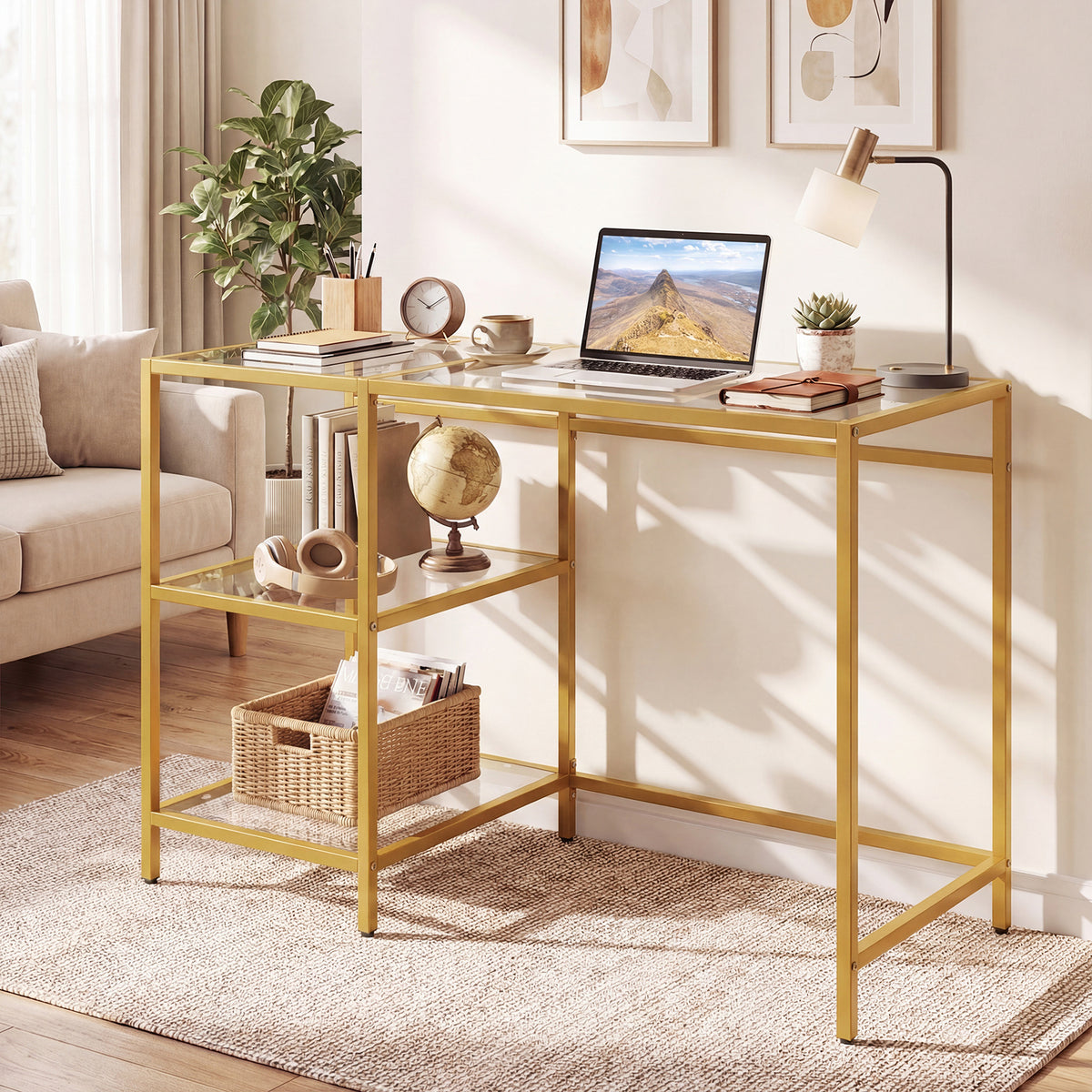 Tempered Glass Computer Desk Modern Office Desk with Open Storage Shelves-Gold