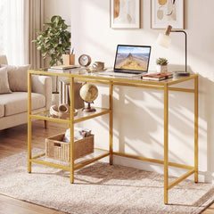 Tempered Glass Computer Desk Modern Office Desk with Open Storage Shelves-Gold
