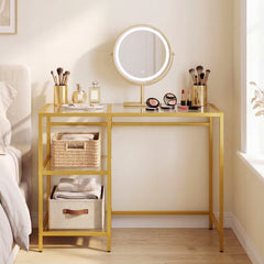 Tempered Glass Computer Desk Modern Office Desk with Open Storage Shelves-Gold