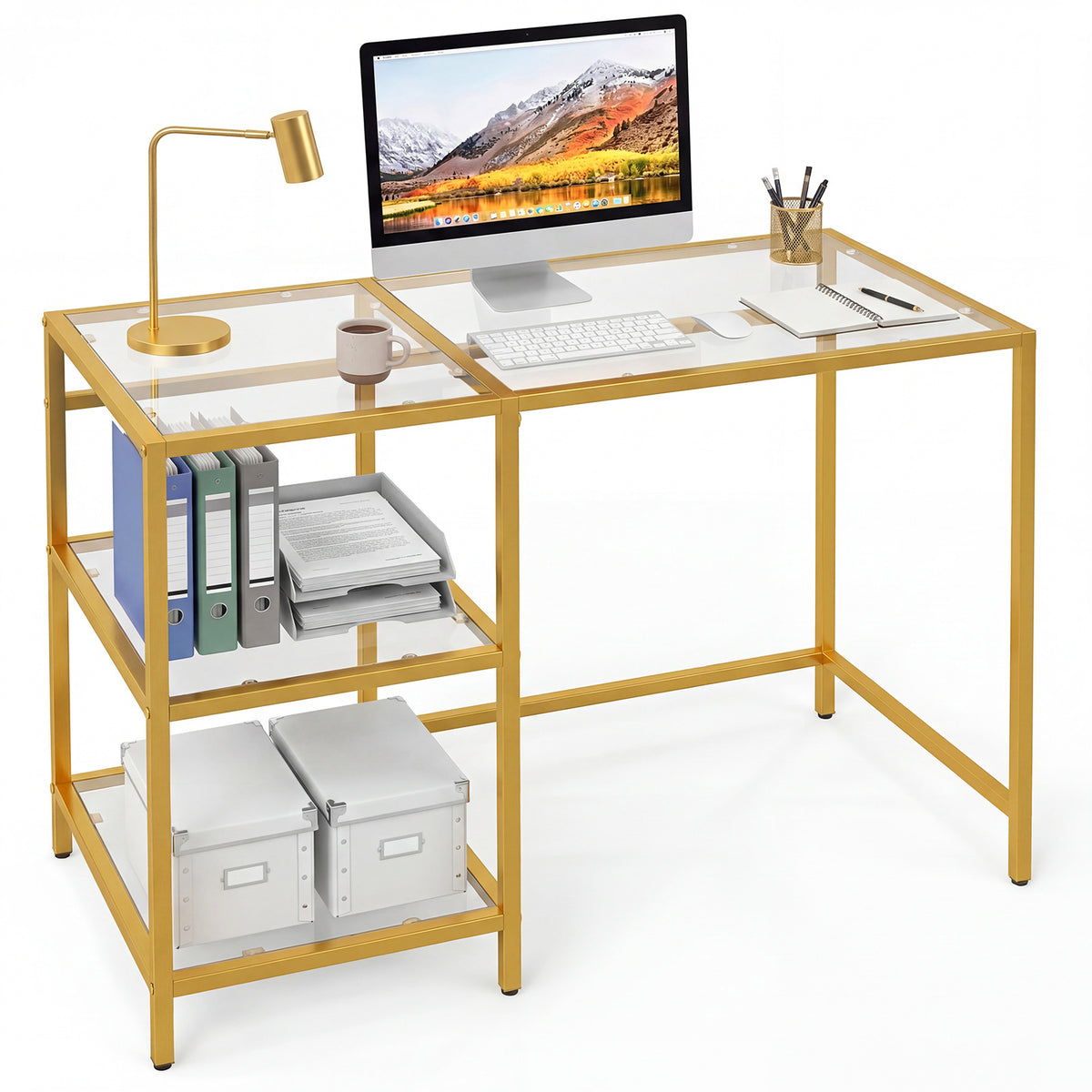 Tempered Glass Computer Desk Modern Office Desk with Open Storage Shelves-Gold