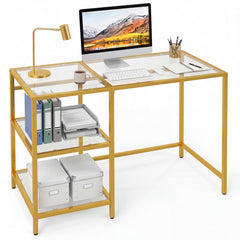 Tempered Glass Computer Desk Modern Office Desk with Open Storage Shelves-Gold