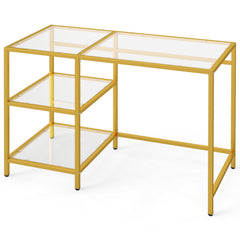 Tempered Glass Computer Desk Modern Office Desk with Open Storage Shelves-Gold