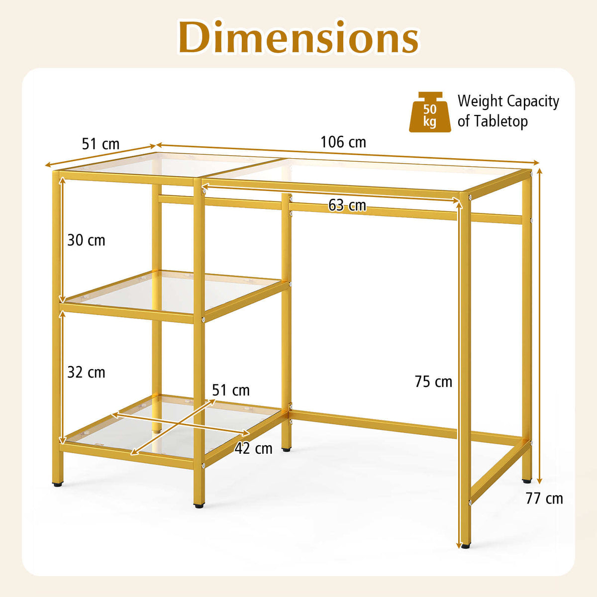Tempered Glass Computer Desk Modern Office Desk with Open Storage Shelves-Gold