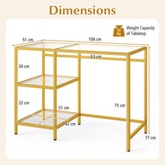 Tempered Glass Computer Desk Modern Office Desk with Open Storage Shelves-Gold