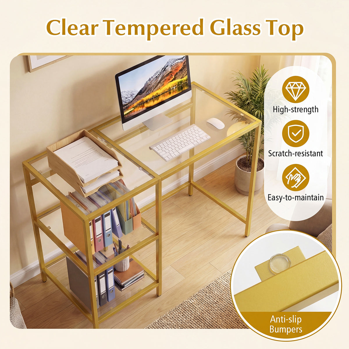 Tempered Glass Computer Desk Modern Office Desk with Open Storage Shelves-Gold