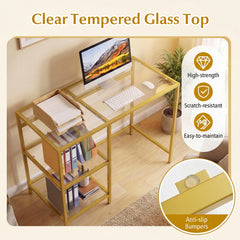 Tempered Glass Computer Desk Modern Office Desk with Open Storage Shelves-Gold