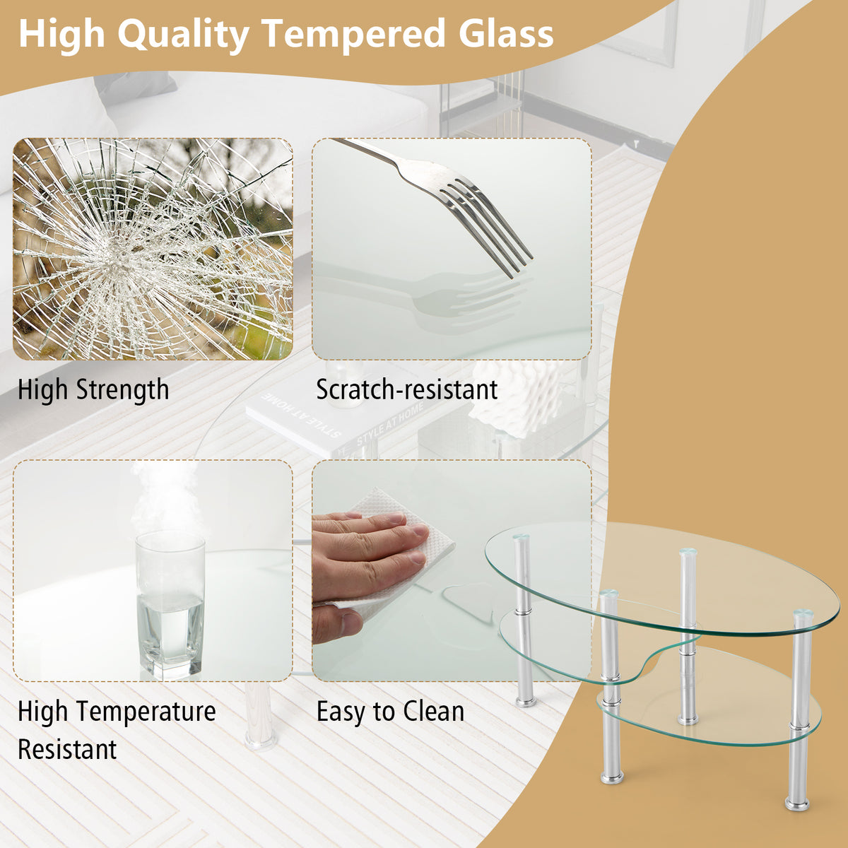 3-tier Tempered Glass Coffee Table wIth Steel Frame-Transparent