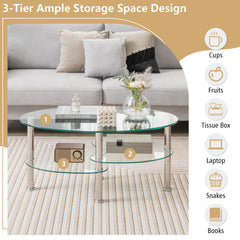 3-tier Tempered Glass Coffee Table wIth Steel Frame-Transparent