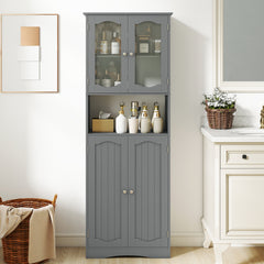 Tempered Glass Door Pantry Cabinet with 3-Position Adjustable Shelves-Grey