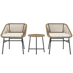 Outsunny 3 Pieces Rattan Bistro Set, Wicker Small Garden Table and Chairs Set with Cushions and Glass Top Coffee Table, Bistro Garden Furniture Set for Outdoor, Patio, Balcony, Natural
