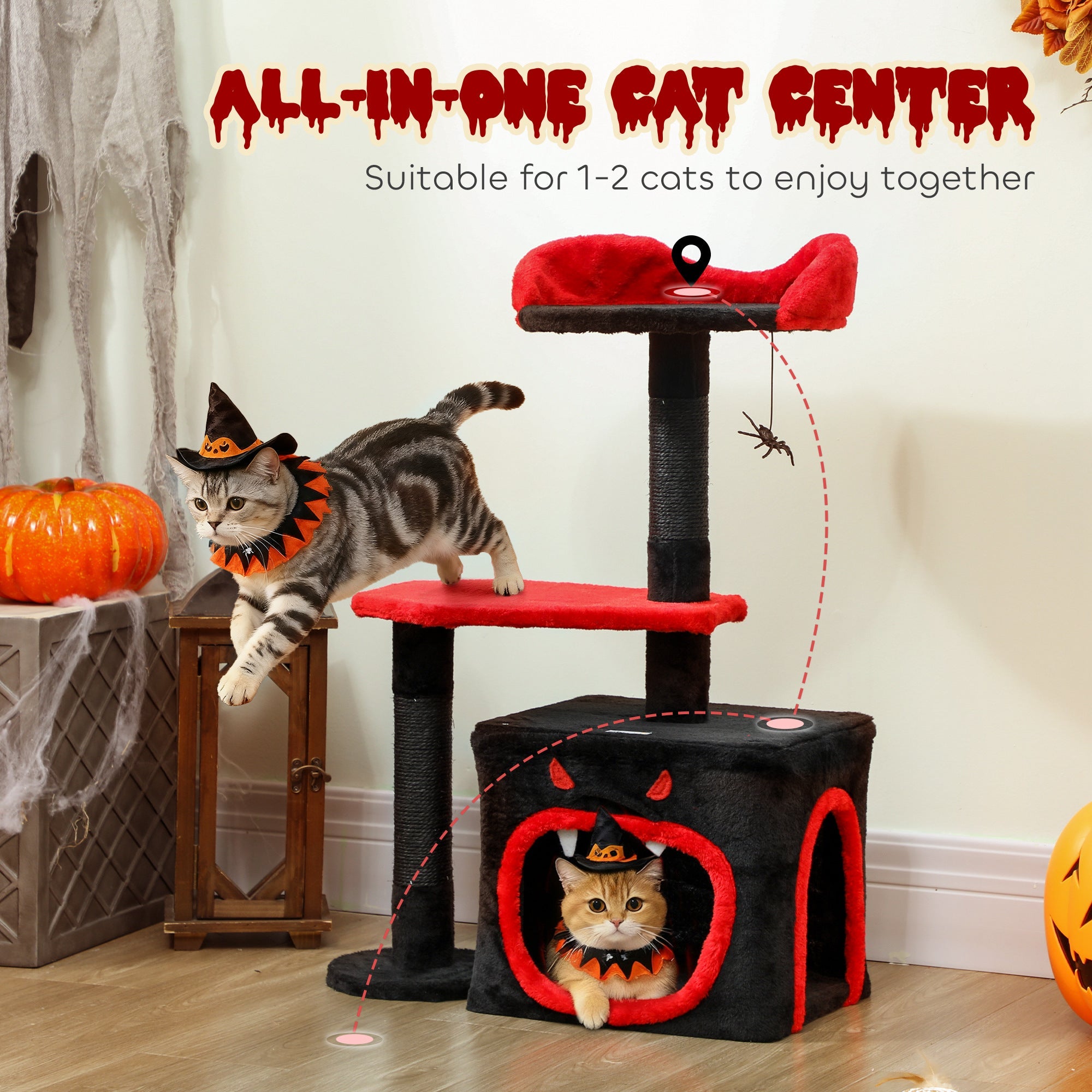 PawHut Cat Tree, Gothic Cat Tower with Scratching Posts, Cute Condo, Coffin Platform, Bed and Spider Toy, Halloween