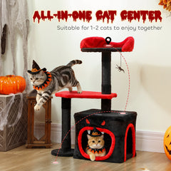 PawHut Cat Tree, Gothic Cat Tower with Scratching Posts, Cute Condo, Coffin Platform, Bed and Spider Toy, Halloween